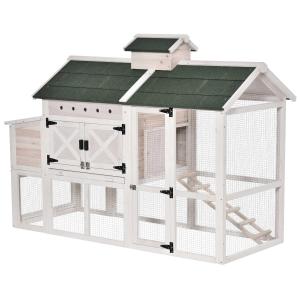 PawHut Gallinero Exterior de Madera de Abeto Jaula para Gallinas Pollos con Zona Abierta Ponedero Bandeja Extraíble y Techo Abatible 180x80,5x130 cm Blanco y Verde