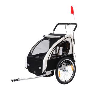 HOMCOM 2 en 1 Remolque de Bicicleta para Niños de 2 Plazas con Amortiguadores Convertible en Carro para Correr con Barra y Kit de Footing 129x85x105cm blanco y negro