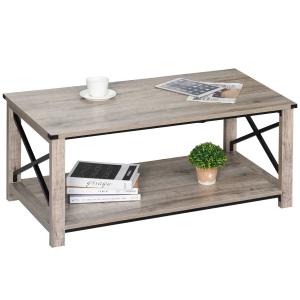 HOMCOM Mesa de Centro Mesa Auxiliar Estilo Industrial Retro con Estante Inferior Marco en Forma de X Bordes Protectores 102x56x45,5 cm Roble