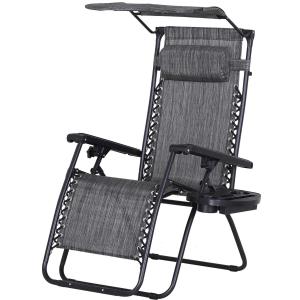 Outsunny Tumbona Plegable Gravedad Cero Con Toldo y Reposabrazos Tumbona Reclinable Bandeja Extraíble 160x64x79 Gris Carbón