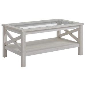 HOMCOM Mesa de Centro Mesa Auxiliar con Estante y Encimera de Vidrio Templado para Sala de Estar Dormitorio 100x55x45 cm blanco veteado de madera