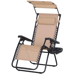 Outsunny Tumbona Plegable Gravedad Cero Con Toldo y Reposabrazos Tumbona Reclinable Bandeja Extraíble 160x64x79cm Beige