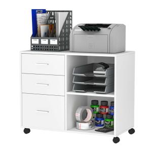 HOMCOM Armario de Oficina con Espacio para Impresora Multifuncional con 3 Cajones Estante Ajustable Ruedas 80x40x65cm