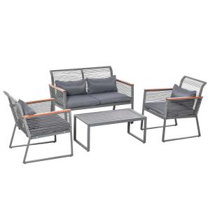 Outsunny Conjunto de Muebles de Jardín de 4 Piezas Ratán con 1 Mesa de Café 1 Sofá Doble y 2 Sillas Individuales Cojines Acolchados para Patio Terraza Gris
