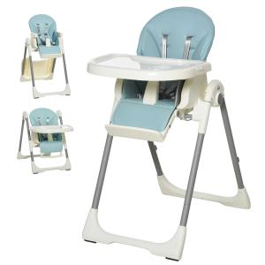 HOMCOM Trona para Bebé Evolutiva Ajustable y Plegable con Doble Bandeja Trona Portátil de +6 Meses Reclinable con 2 Ruedas y Frenos 55x80x104 cm Azul