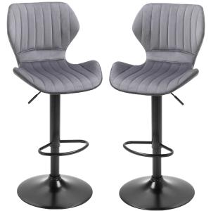 HOMCOM Juego de 2 Taburetes de Bar Taburetes Altos de Cocina Giratorio Altura Ajustable de 91,5-113,5 cm con Reposapiés y Base de Metal Ø41 cm Gris