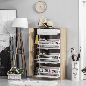 HOMCOM Zapatero de 3 Puertas para 18-27 Pares de Zapatos con Cajón y Armario Anti-Vuelco para Salón Entrada Dormitorio 84x30x132 cm Madera Natural