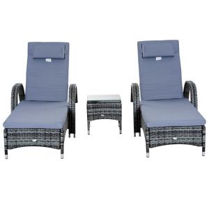 Outsunny Set de 2 Tumbonas Chaise Longue + 1 Mesa de Ratan para Jardín o Terraza Sillas con Cojín y Respaldo Ajustable a 5 Niveles (Gris)