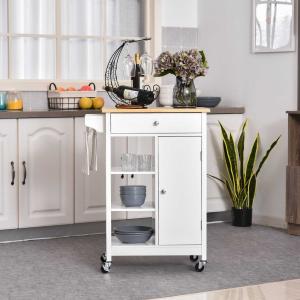 HOMCOM Carrito de Cocina Carro de Servicio Multifuncional con 1 Cajón 1 Armario 3 Estantes Abiertos para Almacenamiento 66x39,5x86,5 cm Blanco