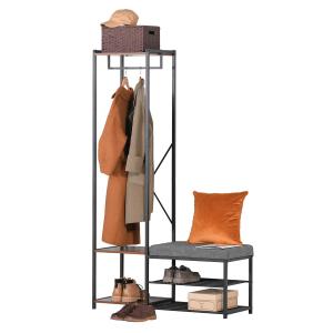 HOMCOM Perchero con Zapatero Banco para Zapatos Barra para Colgar y Estantes para Entrada Pasillo Dormitorio 104,5x42x180,5 cm Negro y Nogal Oscuro