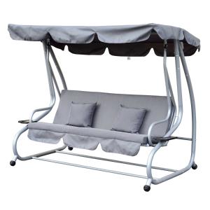 Outsunny Columpio Balancín Jardín 3 Plazas Convertible en Cama Techo Parasol Regulable Bandeja para Bebida Terrza Balcón Exterior Carga máx. 340kg Acero 200x120x164cm Gris