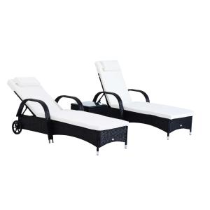 Outsunny Set de 2 Tumbonas Chaise Longue + 1 Mesa de Ratán para Jardín o Terraza Sillas con Cojín y Respaldo Ajustable a 5 Niveles - Negro