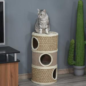PawHut Tonel Rascador para Gatos con 3 Niveles Barril de Rascado con Plataforma Cama Cómoda 37,5x37,5x70 cm Marrón Claro y Beige