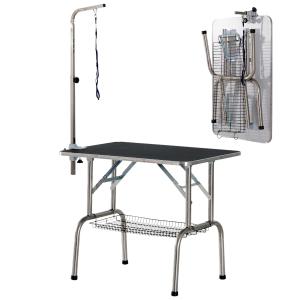 PawHut Mesa de Peluquería para Mascotas Mesa de Aseo Plegable con Patas de Acero Inoxidable Estable Aguilón Ajustable Estante de Almacenaje Carga 150 kg 90x60x75 cm Negro