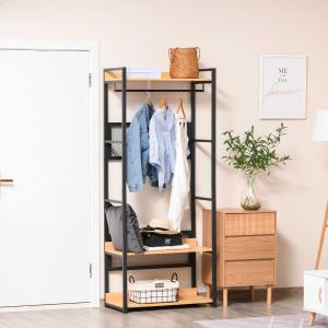 HOMCOM Perchero con Estantería Armario Ropero con Múltiples Estantes y Barra Colgadora para Pasillo Entrada Dormitorio 80x40x190 cm Negro Madera Natural