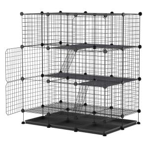 PawHut Valla Metálica para Paqueños Animales Montaje DIY Parque Desmontable con 3 Niveles 4 Puertas Grandes 6 Bandejas Extraíbles 111x75x119 cm Negro