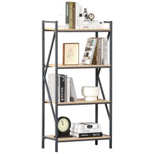 HOMCOM Estantería Librería de 4 Niveles Estante de Almacenaje de Estilo Industrial para Sala de Estar Oficina 64x30x130 cm Color Natural y Azul