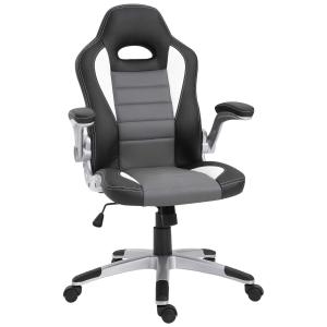 HOMCOM Silla de Oficina Ergonómica Silla de Escritorio Ajustable en Altura Reposabrazos Abatibles con 5 Ruedas Cuero Sintético PU Carga 120 kg 65x69x112-122 cm Gris
