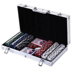 HOMCOM Maletín de Poker Profesional con 300 Fichas Juego Set de Poker Casino de Aluminio con 5 Dados 2 Barajas de Cartas y 1 Ficha de Crupier 38x20,5x6,5 cm Multicolor