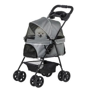 PawHut Cochecito para Mascotas Plegable Carrito para Perros Desmontable Acero Tela Oxford Ruedas Giratorias Frenos Ventana para Perros Gatos Pequeñitos 67x45x96 cm Gris