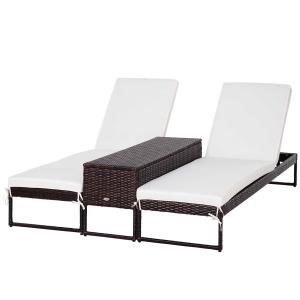 Outsunny Conjunto de 2 Tumbonas de Jardín con Cojines Acolchados Ratán con Mesa Auxiliar para Piscina o Terraza Carga 160kg 195x60x86 cm