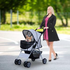 PawHut Cochecito Plegable Mascotas Perros Gatos Carrito Ruedas Giran 360 Grados Gris 75x45x97cm