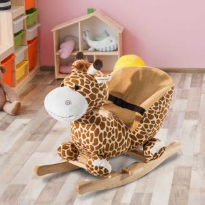 HOMCOM Caballito Balancín Bebé +18 Meses Balancín Peluche Madera con 32 Canciones Cinturón de Seguridad Girafa de Peluche 60x33x45cm