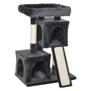 PawHut Árbol Múltiples Actividades para Gatos Centro de Juegos para Mascotas con Postes y Tablero Rascador Cuevas Cama con Borde Elevado Tacto Suave 59x39x83 cm Gris Oscuro