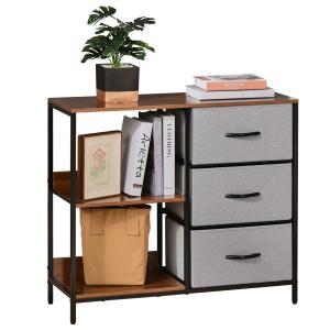 HOMCOM Cómoda Cajonera de Tela con 3 Cajones Plegables y 2 Estantes Estilo Industrial para Dormitorio Salón Pasillo 80x29x71 cm Nogal y Gris Claro