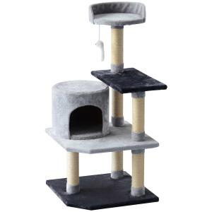 PawHut Árbol para gatos Rascador Grande con Plataformas Casetas Ratón de Juego 48x48x100 cm Cubierto de Felpa Gris
