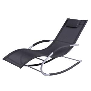 Outsunny Tumbona Mecedora de Jardín con Reposacabezas Reposabrazos Sillón Silla de Exterior Tejido Transpirable y Metal para Playa Patio Terraza 63x148x85 cm Negro