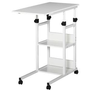 HOMCOM Mesa Auxiliar de Sofá 80x40 cm Mesa Lateral en Forma de C con 4 Ruedas Giratorias Frenos Altura Ajustable 3 Niveles de 72-82 cm Marco de Metal para Salón Cocina Blanco