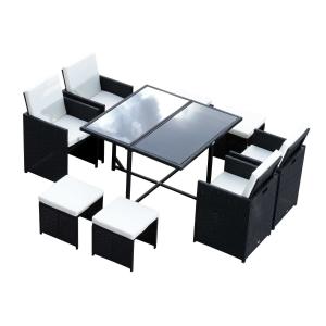 Outsunny Conjunto de Muebles Ratán de Jardín con 9 Piezas - Negro y Blanco - Poliratán Acero Poliéster y Vídrio