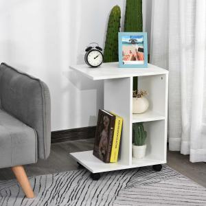 HOMCOM Mesa Auxiliar Multifuncional Mesa Lateral de Sofá en Forma de C con Estantes Abiertos y Ruedas con Bloqueo 45x35x58 cm Blanco