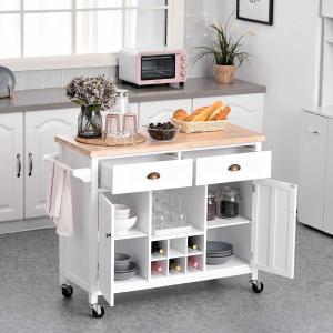 HOMCOM carrito auxiliar cocina con Ruedas Isla de Cocina Multiusos con Cajones Botellero Armarios Cerrados y Estante Cajón Blanco 113x45x89cm