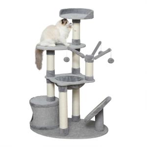 PawHut Árbol Rascador para Gatos Rascador de Gatos Barato con Hamaca Plataformas Juguetes Colgantes de felpa Suave y Postes para Rascar de Sisal Natural 80x55x122 cm Gris