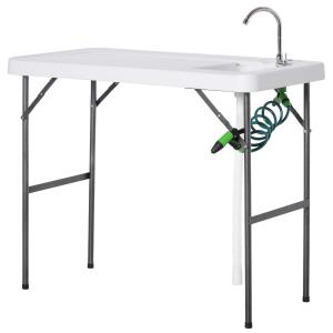 Outsunny Mesa Plegable de Picnic con Fregadero Grifo y Pistola de Riego Extensible para Camping Barbacoa Exterior 114,5x59x94,5 cm Blanco
