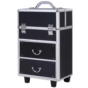 HOMCOM Maleta de Maquillaje Portátil Estuche de Comésticos Profesional con 6 Cajones Extensibles Cerradura y 2 Llaves Ruedas Asa Retráctil 36x23x58 cm Negro