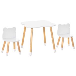 HOMCOM Conjunto Infantil de Mesa y 2 Sillas de Madera Muebles Infantiles para Sala de Juegos Dormitorio de Niños Mesa 56x56x50 cm y Sillas 28x25x46 cm Color Blanco