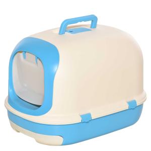 PawHut Arenero para Gatos Caja de Arena con Asa de Transporte Doble Fondo Bandeja Extraíble Pala y Filtro de Carbón Activo 63x43x43 cm Beige y Azul