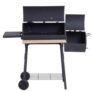 Outsunny Barbacoa de Carbón 3 en 1 Ahumador Parilla BBQ 124x53x104cm con Termómetro y Ruedas Estantes de Madera Picnic Acampada al Aire Libre