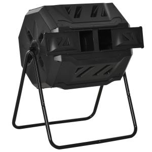 Outsunny Compostador de Tambor Giratorio con Capacidad 160 Litros de Doble Cámara y Ventilación Marco de Acero para Residuos Orgánicos de Jardín 71x64x92 cm Negro