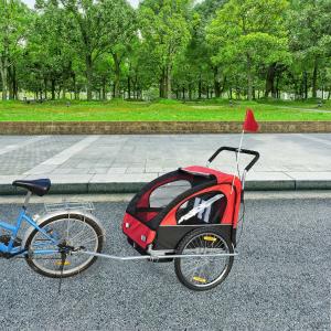 HOMCOM 2 en 1 Remolque de Bicicleta para Niños de 2 Plazas con Amortiguadores Convertible en Carro para Correr con Barra y Kit de Footing 129x85x105cm rojo y negro