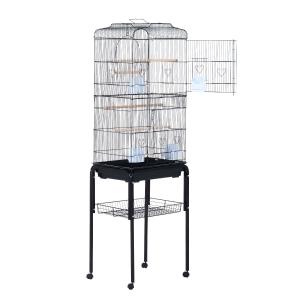 PawHut Jaula para Pájaros con Soporte con Ruedas Pajarera con Bandeja Extraíble y Estante Inferior para Canarios Loros 47,5x37x153 cm Negro