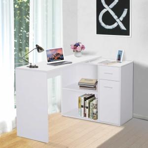 HomCom® Mesa de Ordenador Escritorio Mesa Esquinera Giratorio 180 Grados con 2 Estantes 1 Cajón 1 Puerta Blanco