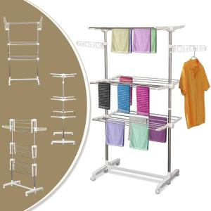 HomCom® Tendedero Ropa Plegable 6 Ruedas 3 Niveles (80-142)x55x152 cm Altura Regulable