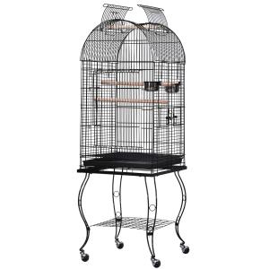 PawHut Jaula para Pájaros con Soporte y Ruedas Jaula Grande de Metal con Bandeja Extraíble y 2 Comederos para Loros Guacamayos 53x53x153 cm Negro