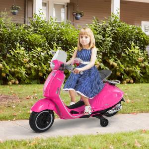 HomCom® Moto Eléctrica Vespa Faros Música 2 Ruedas Auxiliares para Niños Mayores de 3 Años Motocicleta Infantil Autorizada 108x49x75 cm Rosa