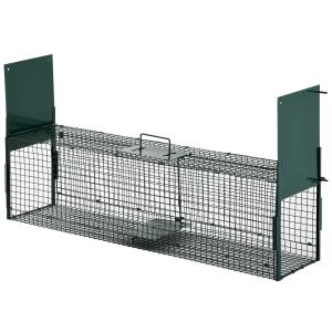 PawHut Trampa con 2 Puertas para Animales Vivos Jaula de Captura Metálica con Asa para Conejos Visones Zorros Pequeños 100x25x28 cm Verde Oscuro