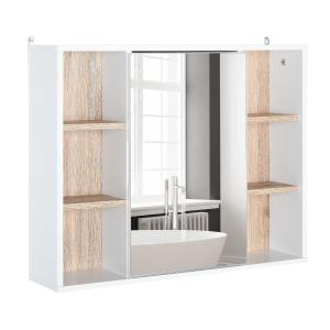 HOMCOM Armario Espejo con Espacio Interno con Estantes Ajustables Armario de Baño Montado en la Pared con Estantes Abiertos 60x14,5x49,4 cm Blanco y Roble